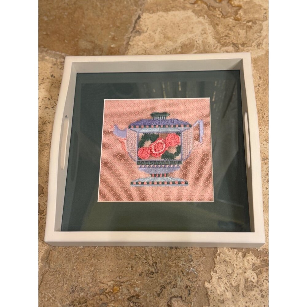 Handcrafted Needlepoint Teapot Design Wood Tray With Handles
